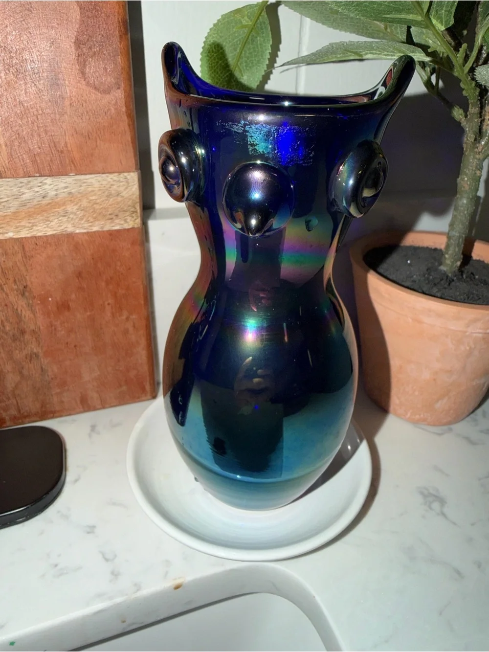 Vintage 1972 Signed Gibson Art Glass Cobalt Blue Carnival Glass Owl Vase